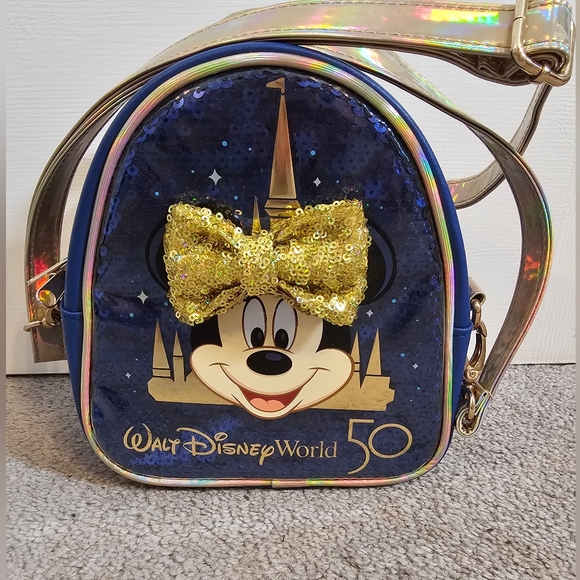 Walt Disney World Minnie Mouse 50th Anniversary Backpack Crossbody Bag Blue/Gold - Picture 6 of 9
